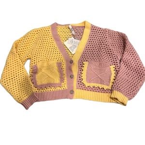 BNWT Yellow and Mauve Split Tone Crochet Knit Chunky Cardigan Sweater